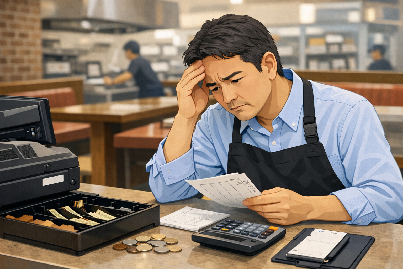 飲食店のレジ前で売上差異を確認しながら悩む店長