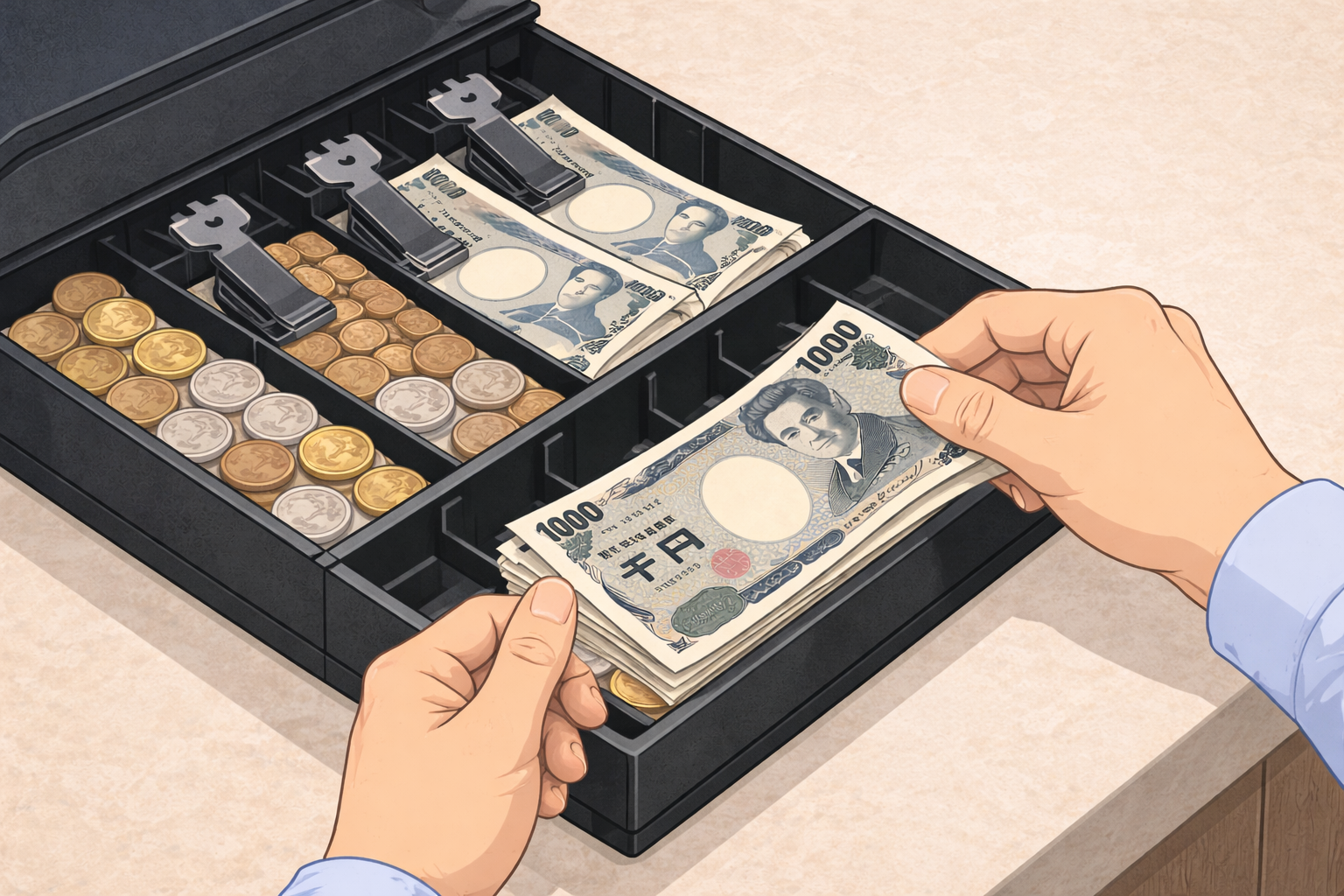 レジドロワーの現金を数えて金額を再確認