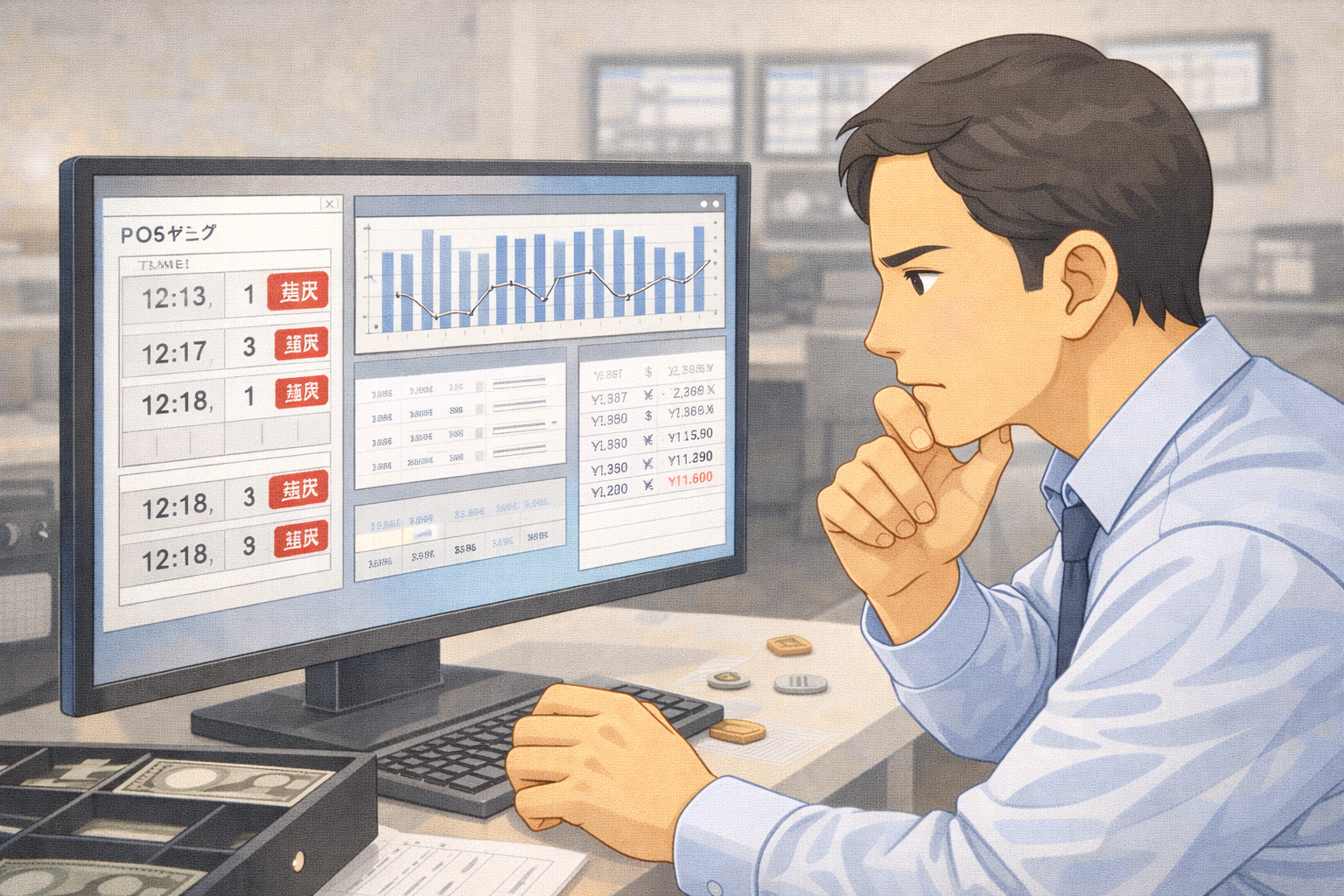 レジ周辺や床に落ちた硬貨など物理的な原因を確認している