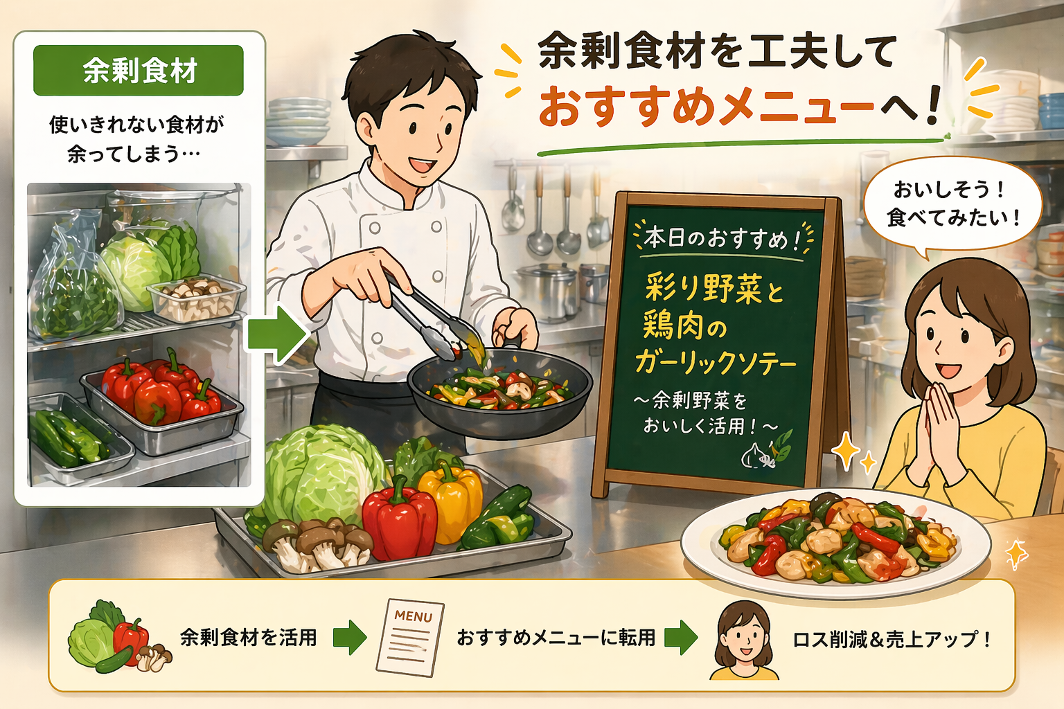 余剰食材をおすすめメニューに転用しているイメージ