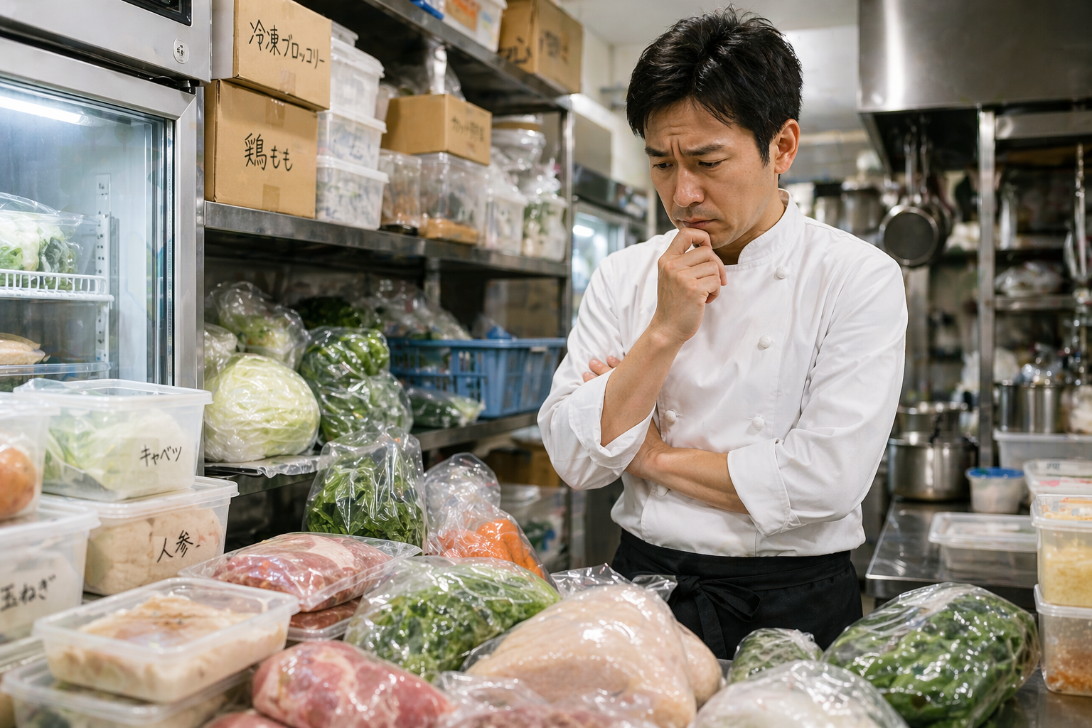 飲食店の厨房で過剰在庫の食材を前に悩む店長