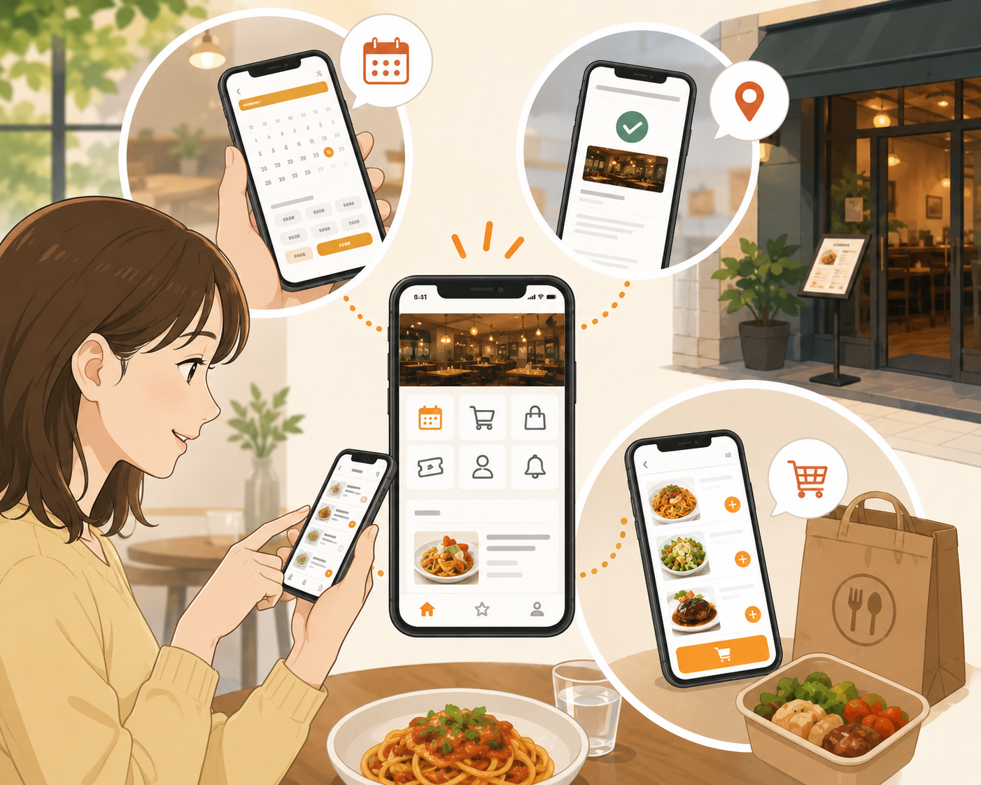 アプリで飲食店の予約や注文を行うイメージ