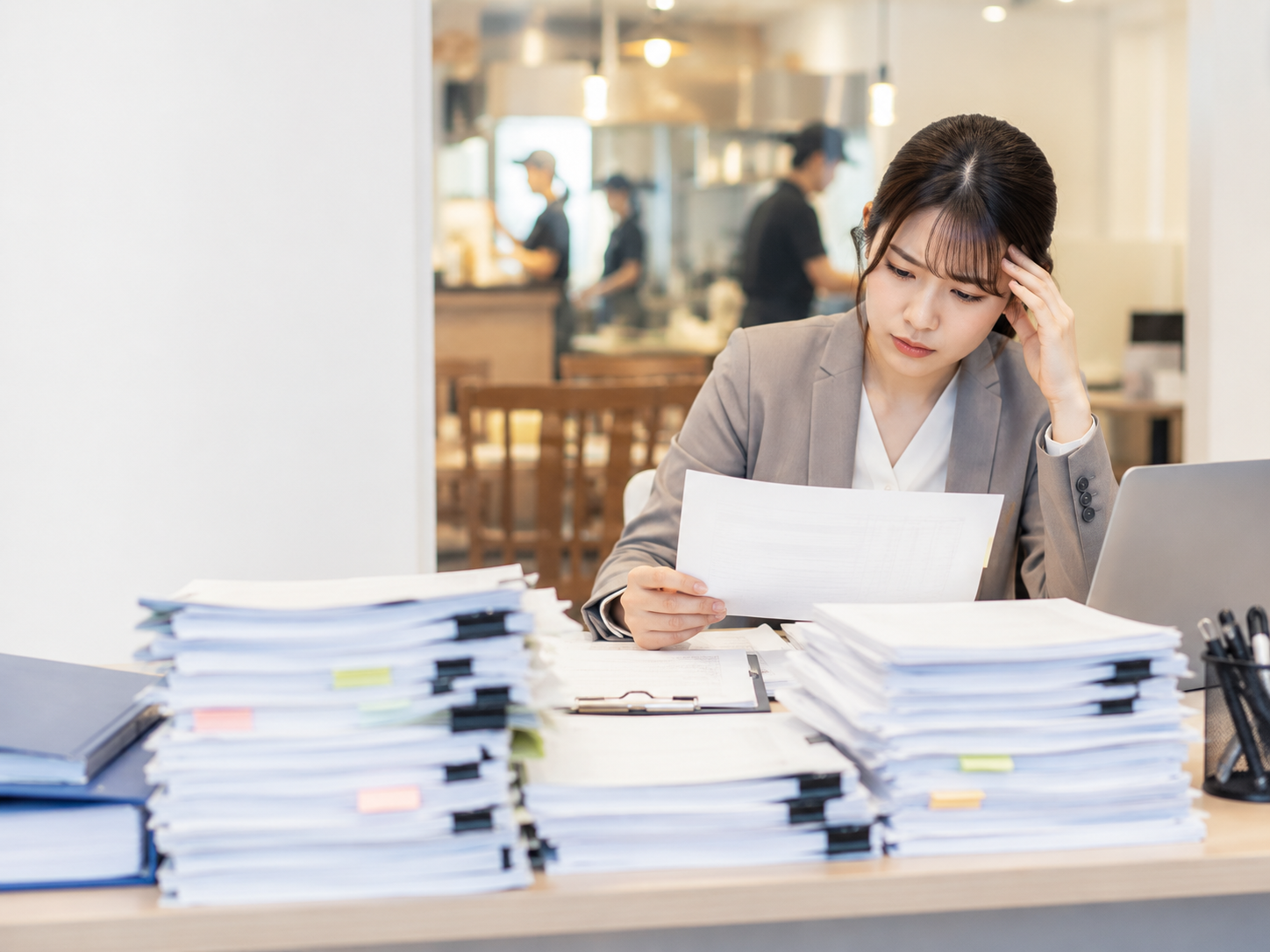 紙の入社書類や雇用契約書の管理に追われる人事担当者のイメージ