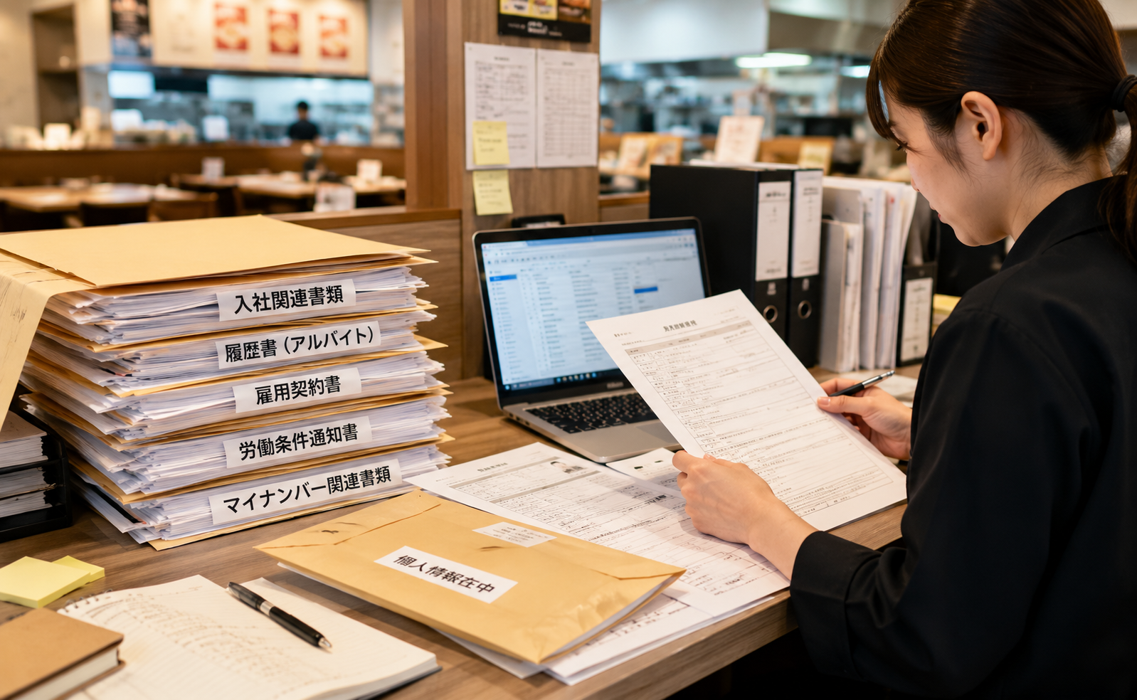 店舗と本部の間で書類確認や契約更新のやり取りが発生しているイメージ