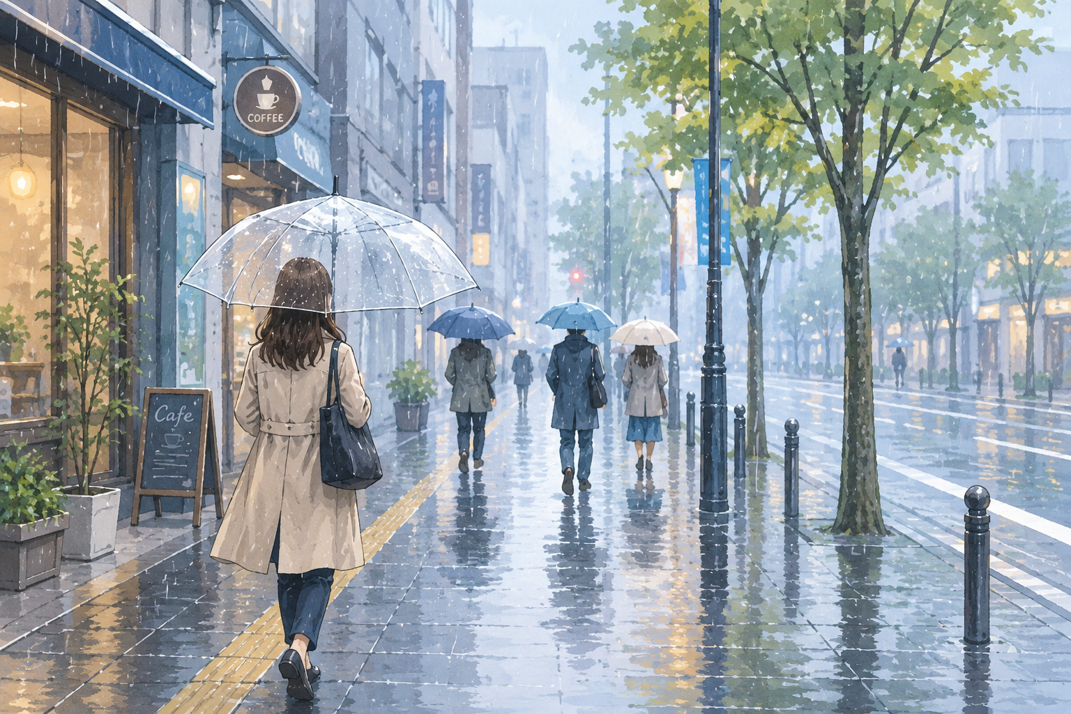 雨の中で傘を差して歩く人