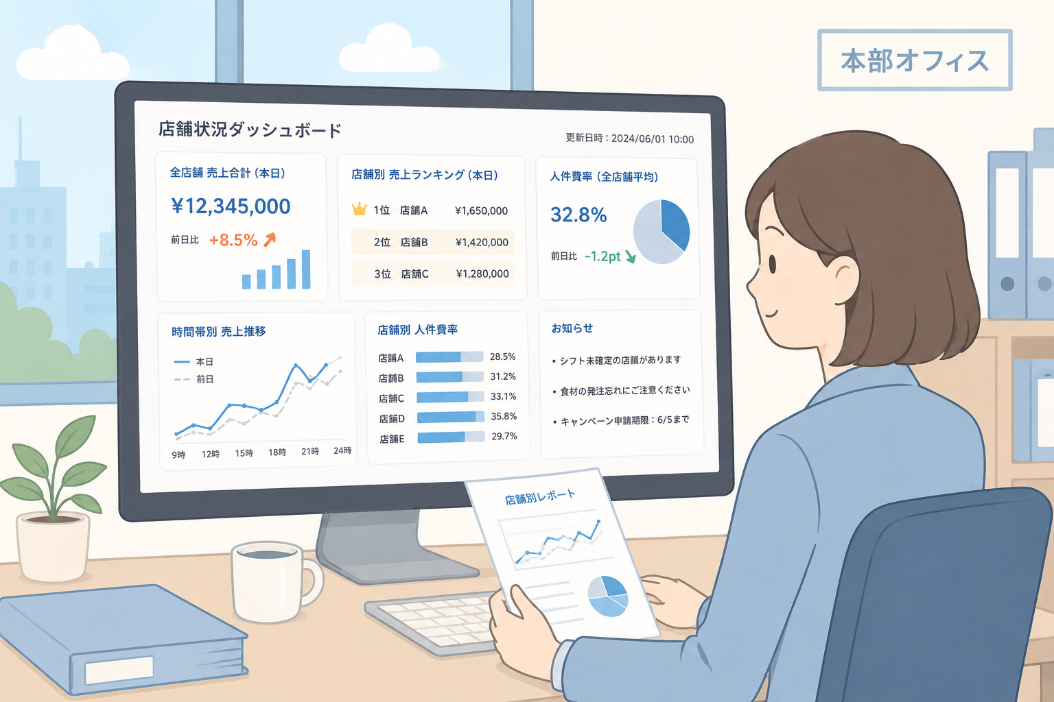 飲食チェーン本部が店舗データを確認しているイメージ画像