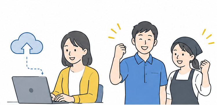 本部担当者が売上レポートやダッシュボードを確認している画像