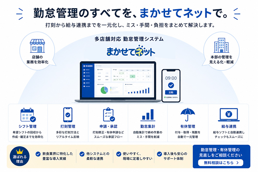 まかせてネットによる飲食店向け勤怠管理システムのイメージ