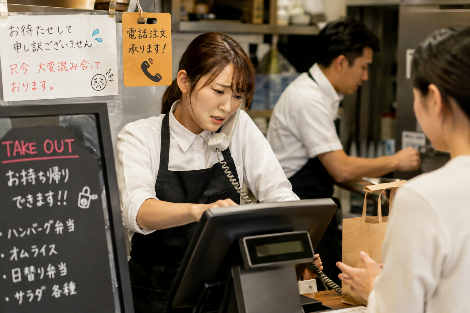 ピークタイムに電話注文へ対応する飲食店スタッフのイメージ