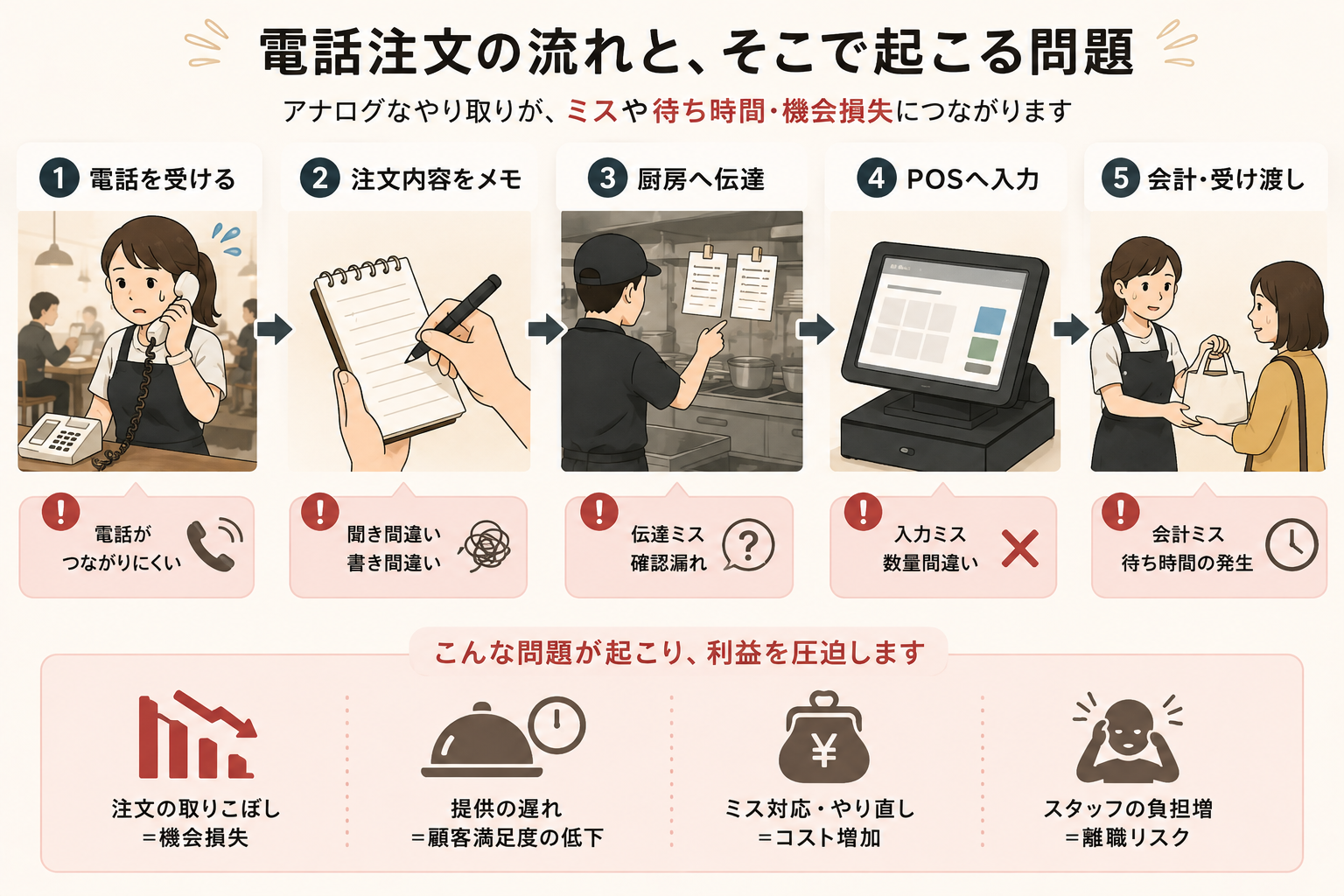 電話注文によって発生しやすい注文の取りこぼし、伝達ミス、対応工数などの課題