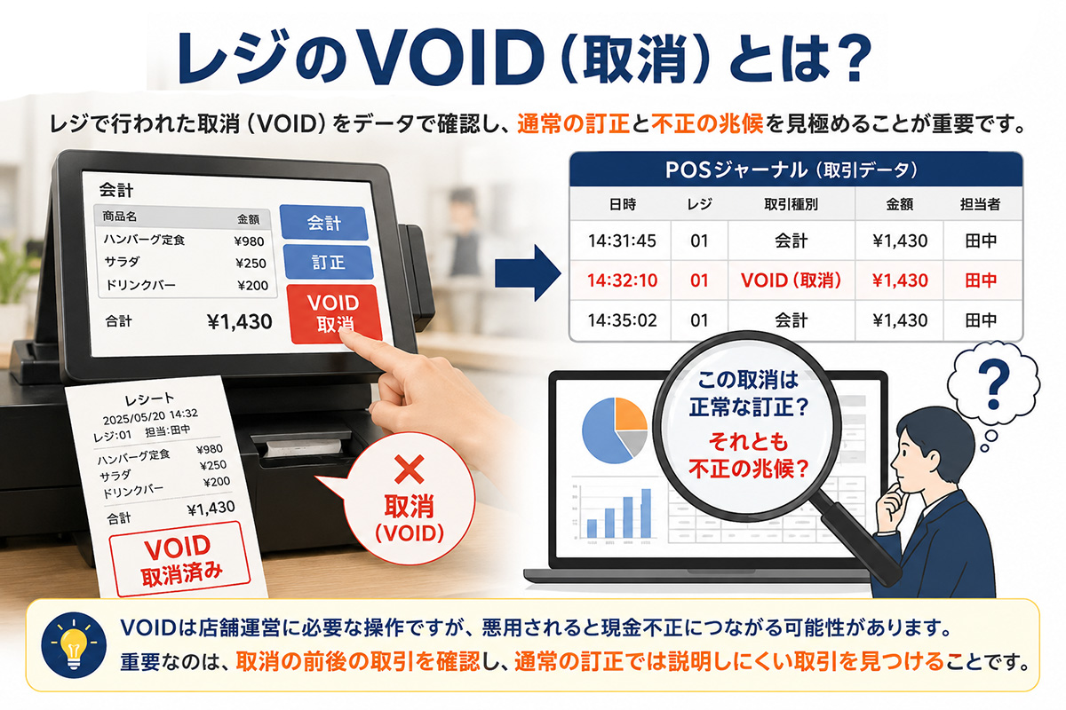 レジのVOID(ボイド)処理とPOSデータ監査のイメージ