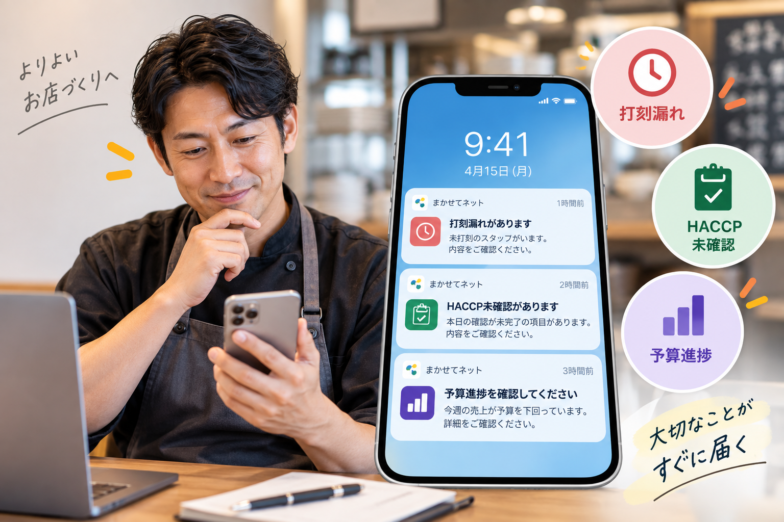 過去の売上データや特徴データをAIが分析し、来客予測を予算・シフト・発注に活用する流れ